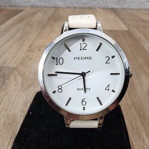 Pedre Women's Silver-Tone White Leather Perforated Band Wrist Watch‎
